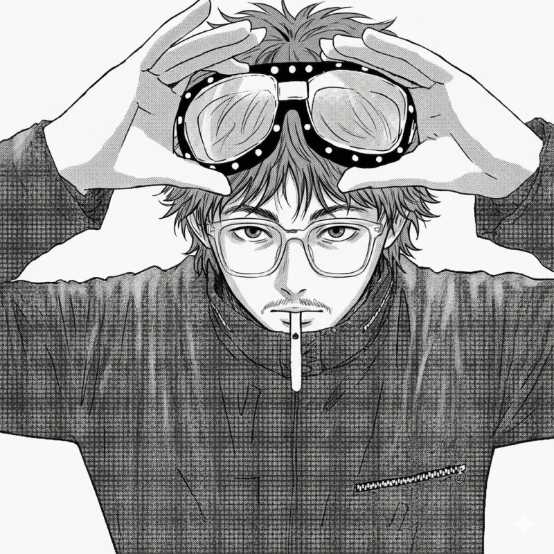 Line drawing of a figure holding goggles to his face, from the bottomless cover